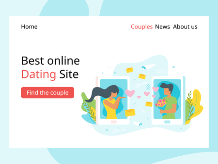 Vector flat style illustration of a man and woman having online relationship. Minimalism design with exaggerated objects. Characters in front of a huge cellphone. Dating agency landing page template.のイラスト素材