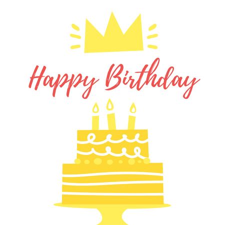 Vector cartoon style illustration of birthday cake and golden crown. Isolated on white background....