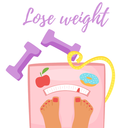 Vector cartoon style losing weight concept with female feet standing on scale with apple and doughnut icons as symbol of healthy and unhealthy food.のイラスト素材