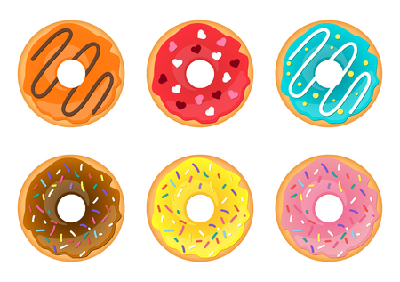 Vector cartoon style set of doughnuts. Colorful snack. Isolated on white background.のイラスト素材