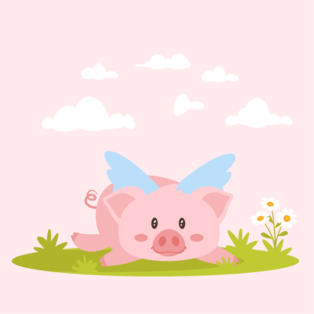 Vector cartoon style illustration of cute pink pig with wings lying on the green  meadow.のイラスト素材
