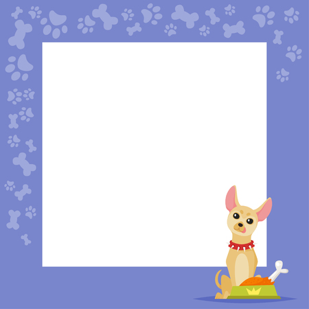 Vector cartoon style video and photo frame background for editing.  Cute dog - chihuahua on the border with tasty bones and paws footprints.のイラスト素材