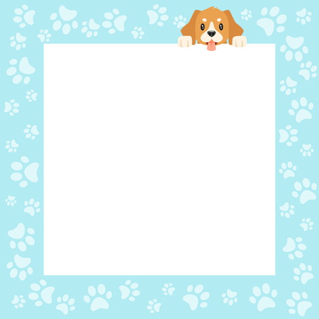 Vector cartoon style video and photo frame background for editing. Cute puppy on the border with footprints paws.のイラスト素材