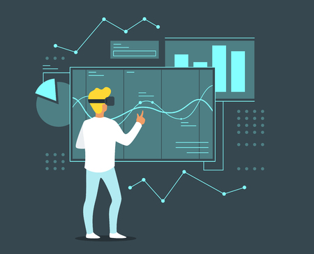 Vector flat style illustration of man silhouette  in virtual reality glasses. People interact with technological HUD elements and futuristic interface. Minimalism design. Creative process concept.のイラスト素材