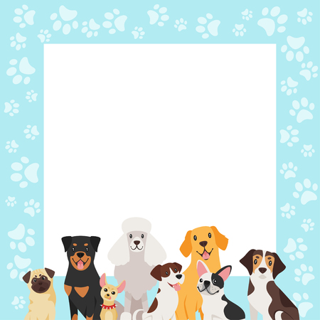 Vector cartoon style video and photo frame background for editing. Dogs of different breeds at the bottom of the backdrop.のイラスト素材