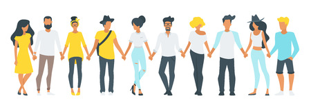 Vector flat style minimalism illustration of different people silhouettes standing in a row and...