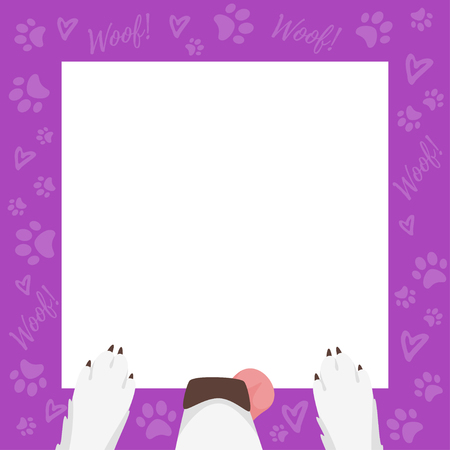 Vector cartoon style video and photo frame background for editing. Cute dog nose and paws on the border with doggy paw, footprints and hearts.のイラスト素材
