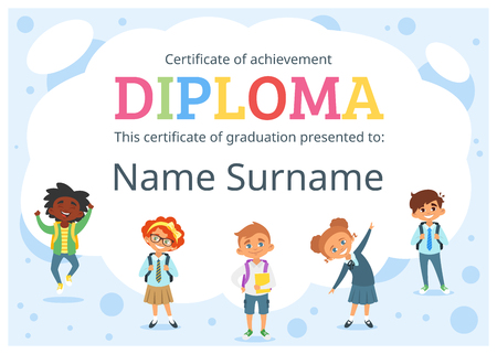 Vector cartoon style template layout for kids diploma certificate for kindergarten, school or preschool. Multicultural pupils.のイラスト素材