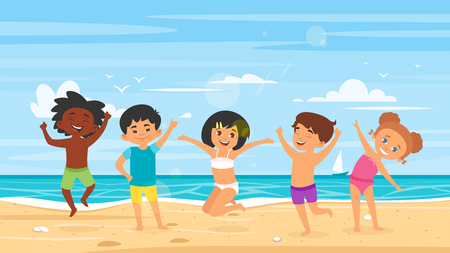 Vector cartoon style set of children in swim suits. Summer season. Kids of different nationalities.のイラスト素材