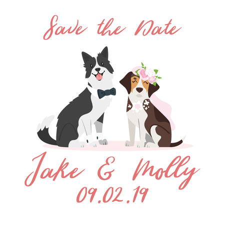 Vector cartoon style dog couple - border collie and beagle, wearing wedding symbols: bows and bridal veil. Save the date text.のイラスト素材