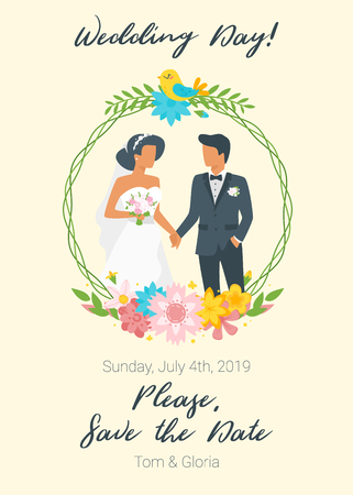 Vector flat style illustration of man in suit and woman in wedding dress standing and holding hands. Marriage day. Classical style of clothes. Save the date invitation template. Floral wreath.のイラスト素材