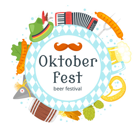 Vector cartoon style illustration of Octoberfest greeting card, banner or poster template. Beer festival celebration design. Round composition with festive symbols.のイラスト素材