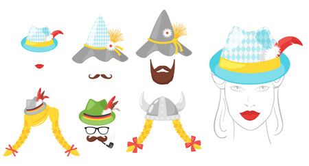 Vector cartoon style Oktoberfest elements or carnival masks, traditional hats, beards and smoking pipe. Decoration items for your selfie photo and video chat filter.のイラスト素材
