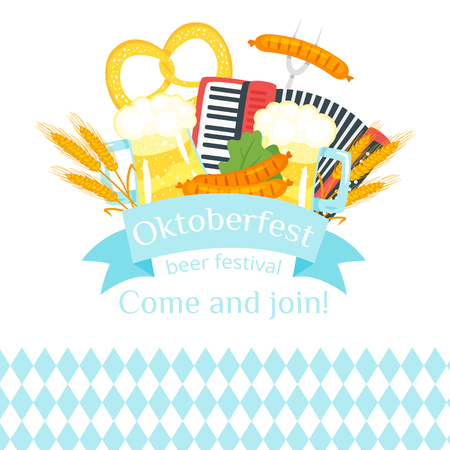 Vector cartoon style illustration of Octoberfest greeting card, banner or poster template. Beer festival celebration design. Composition with pretzel, beer mug and sausage.のイラスト素材