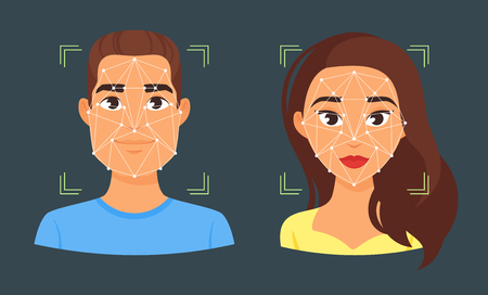 Vector cartoon style face biometric identification illustration. Concept for web and mobile secure technology, facial identification. Man and woman avatar.のイラスト素材