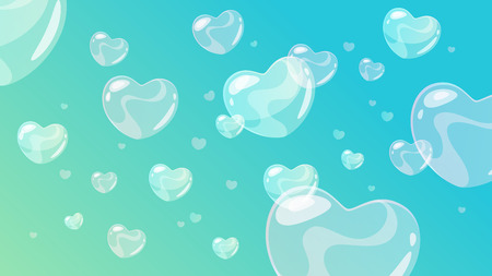 Vector cartoon style background with soap heart shaped bubbles. Blue background.