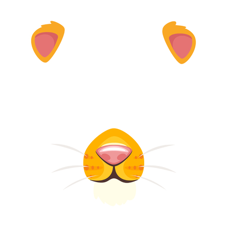 Vector cartoon style cute animal lion face element or carnival mask. Decoration item for your selfie photo and video chat filter. Ears, noses and whiskers. Isolated on white background.のイラスト素材