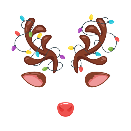 Vector cartoon style Santa Claus's reindeer face element or carnival mask. New year and Christmas decoration item for your selfie photo and video chat filter. Isolated on white background.のイラスト素材