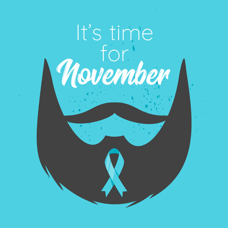 Vector flat style prostate cancer awareness month design poster, banner or card. Concept for annual event with mustaches and beard. Blue ribbon.のイラスト素材