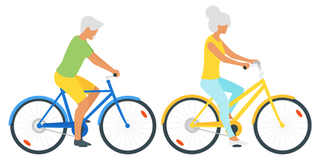 Vector flat style illustration of happy elderly old man and woman cycling. Minimalism design with people silhouettes. Active lifestyle concept.のイラスト素材