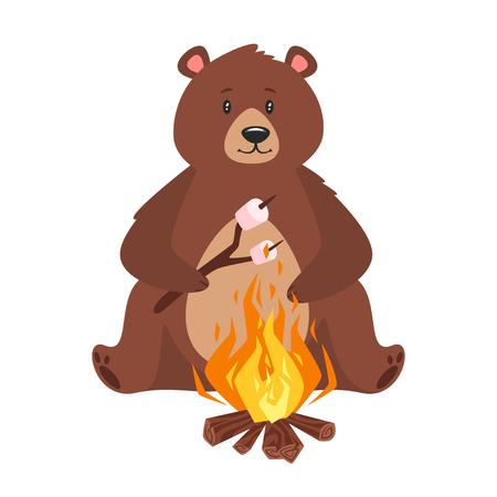 Cartoon vector illustration of brown grizzly bear, isolated on white background. Teddy fries marshmallow on a bonfire.のイラスト素材