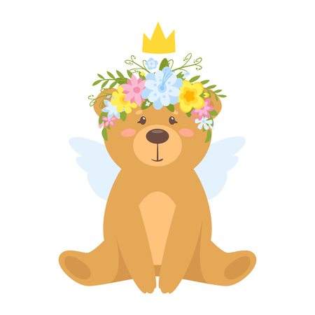 Cartoon vector illustration of cute sitting teddy bear with angel wings, golden crown and flower wreath, isolated on white background. Template for print.のイラスト素材