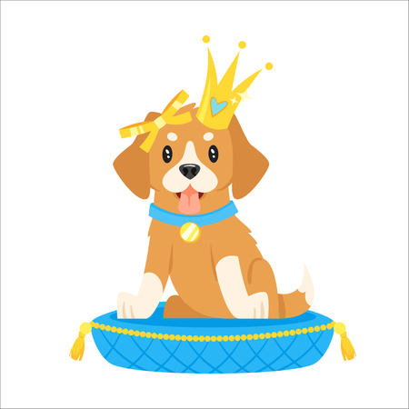 Vector cartoon style illustration of cute dog character in golden crown sitting on luxury blue pillow, isolated on white background. Print for t-shirt or poster design.のイラスト素材