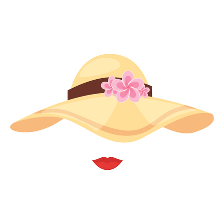 Vector cartoon style tropical Hawaii face element or carnival mask. Decoration item for your selfie photo and video chat filter. Brim floppy sun beach dress hat with flowers and lips, white backgroundのイラスト素材