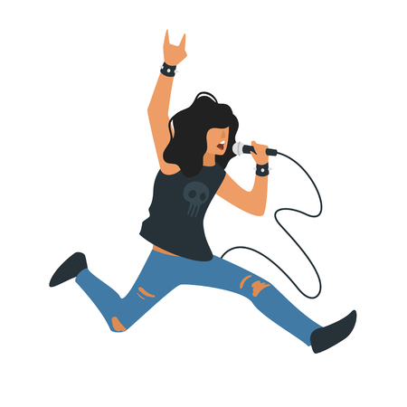 Vector flat style young rock and roll singer with microphone. Singing metal music beautiful man character. Minimalism design with people silhouettes.のイラスト素材
