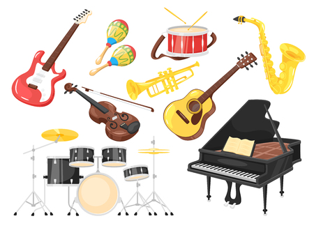 Music instruments for performance: piano, violin, drum. Cartoon style, vector illustration isolated on white background.のイラスト素材