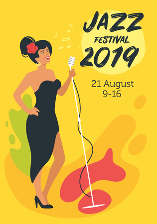 Jazz poster background. Vector template for festival event with young singer with vintage microphone. Singing beautiful woman character in black dress. Minimalism design with people silhouettes.のイラスト素材
