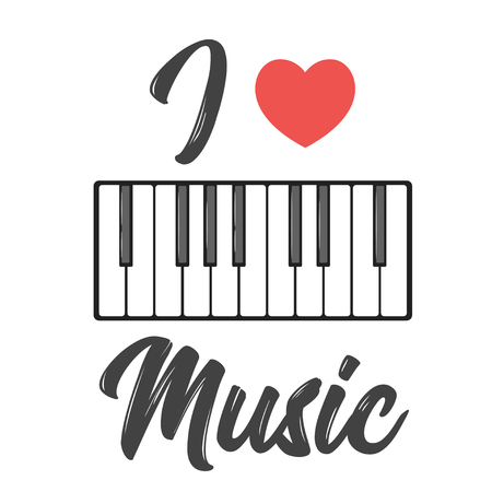 Musical instrument keys. Wave shape for decoration design, poster or t-shirt print. Vector illustration isolated on white background. I love music text.のイラスト素材
