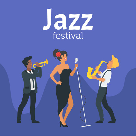 Jazz poster background. Vector template for festival event with minimalism people silhouettes.のイラスト素材