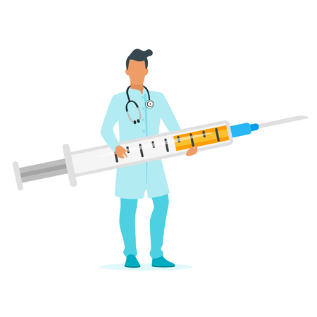 Doctor holds a syringe with a vaccine, isolated on white background.のイラスト素材