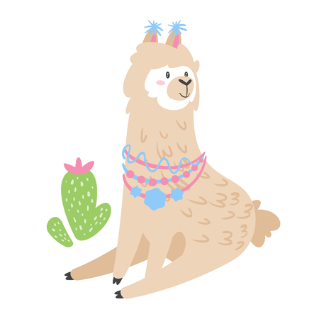 Cute lama. Alpaca animal with traditional knitted decorations sitting near cactus. Vector illustration, isolated on white background. Design for poster, sticker or t-shirt.のイラスト素材