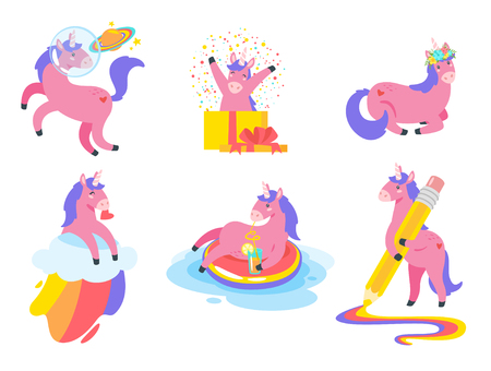 Cute unicorn collection. Fairytale pink animal. Vector illustration, isolated on white background. Design for poster, sticker or t-shirt.のイラスト素材
