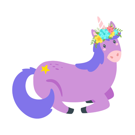 Cute unicorn. Fairytale violet animal with flower wreath. Vector illustration, isolated on white background. Design for poster, sticker or t-shirt.のイラスト素材