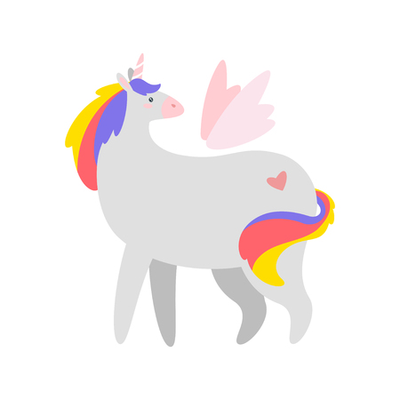 Fat unicorn. Cute fairytale animal with wings standing and looking backwards. Vector illustration, isolated on white background. Design for poster, sticker or t-shirt.のイラスト素材