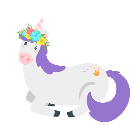 Cute unicorn. Fairytale animal with floral wreath lying on the ground. Vector illustration, isolated on white background. Design for poster, sticker or t-shirt.のイラスト素材