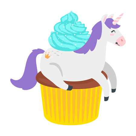 Cute unicorn. Fairytale animal lying on cupcake. Vector illustration, isolated on white background. Design for poster, sticker or t-shirt.のイラスト素材