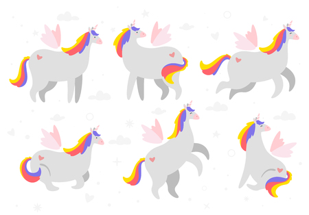 Fat unicorn set. Cute fairytale animal. Vector illustration, isolated on white background. Design for poster, sticker or t-shirt.のイラスト素材