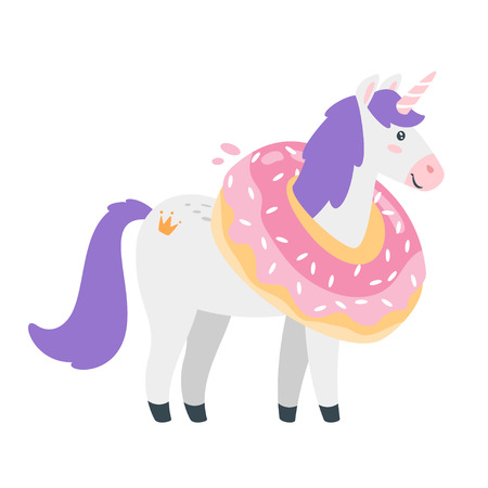Cute unicorn. Fairytale animal with doughnut on his head. Vector illustration, isolated on white background. Design for poster, sticker or t-shirt.のイラスト素材