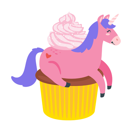 Cute unicorn. Fairytale pink animal lying on cupcake. Vector illustration, isolated on white background. Design for poster, sticker or t-shirt.のイラスト素材