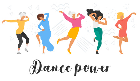 Dancing woman isolated on white background. Group of dancers enjoy party. Cute female characters in modern clothes. Minimalism design with people silhouettes. Dance power - text.のイラスト素材
