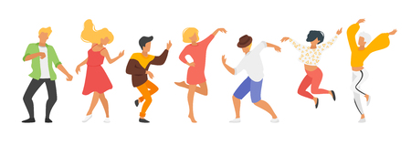 Dancing people - man and woman. Silhouette characters in dance pose enjoy party. Isolated on white background. Modern performer. Horizontal banner.のイラスト素材