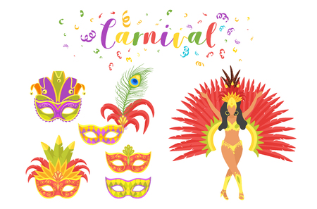 Carnival festive set of masquerade mask and silhouette of woman dancer. Vector illustration on white background.のイラスト素材