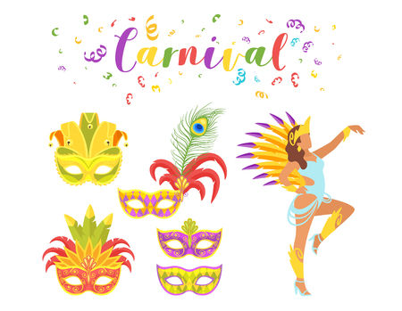 Carnival festive set of masquerade mask and silhouette of woman dancer. Vector illustration on white background.のイラスト素材