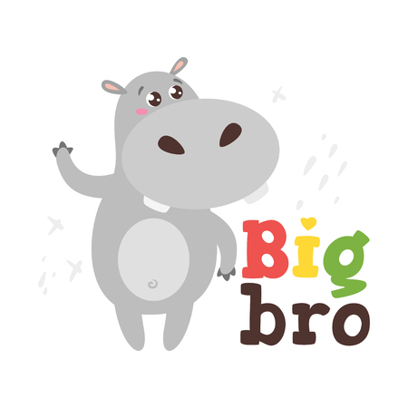 Jungle animal t shirt design template with cute hippo. Vector illustration. Isolated on white background. Big bro text.のイラスト素材