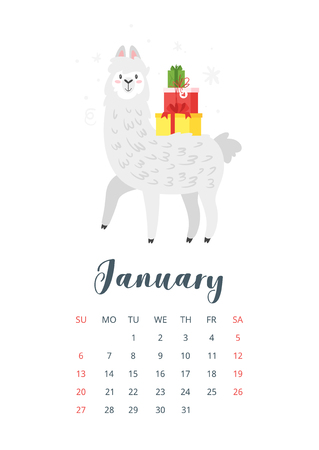 July 2019 calendar page. Cute lama. Alpaca animal with gift paper bags on the back. Vector illustration, isolated on white background.のイラスト素材
