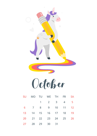 October 2019 calendar page. Cute unicorn. Fairytale animal with a pencil drawing rainbow on the floor. Vector illustration, isolated on white background.のイラスト素材